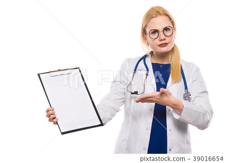 Disapointed woman doctor in white coat with 39016654