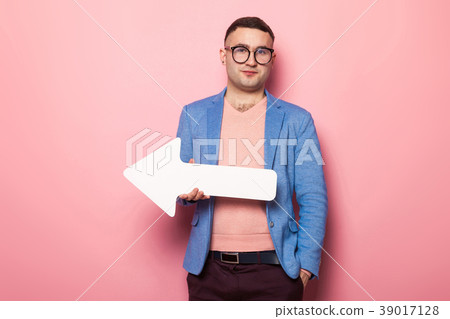 Handsome man in bright jacket with speech pointer Handsome man in bright jacket with speech pointer 39017128