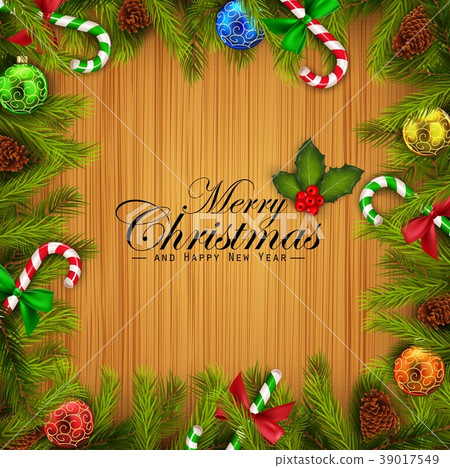 Christmas wooden background with fir tree branches - Stock Illustration ...
