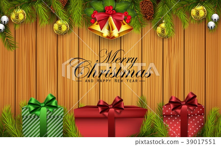Christmas wooden background with fir branches and - Stock Illustration ...