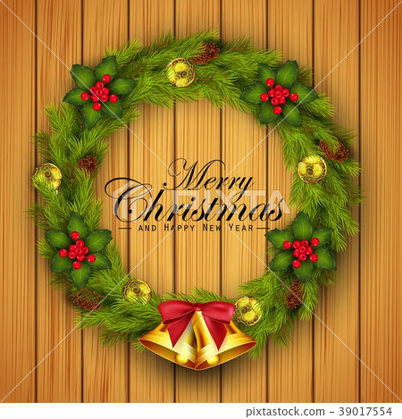 Christmas wreath with gold balls decorations, flow - Stock Illustration ...