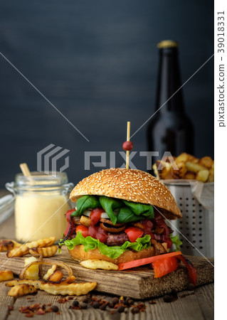 Fresh tasty burger and french fries Fresh tasty burger and french fries 39018331