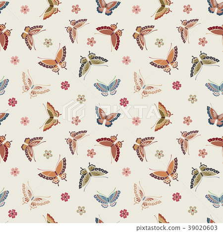 日本式的蝴蝶和花朵圖案無縫模式 39020603