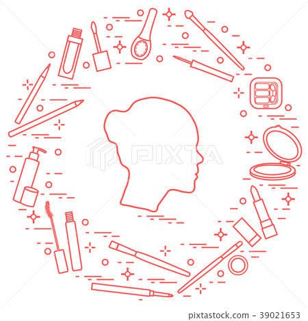 Silhouette of female head and various accessories 39021653
