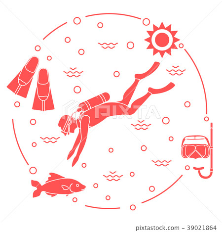 Mask, snorkel, flippers, sun, fish, scuba diver 39021864