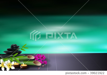 Stone, wax, flowers, and bamboo blue sea backgroun Stone, wax, flowers, and bamboo blue sea backgroun 39021922
