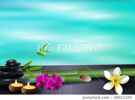 Stone, wax, flowers, and bamboo blue sea backgroun Stone, wax, flowers, and bamboo blue sea backgroun 39022109