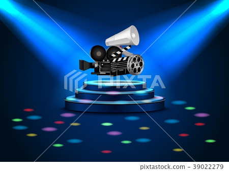 spotlights on stage with blue light and color rain 39022279