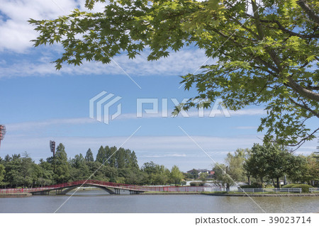 Kaiseisankoen公園五十鈴湖在宜人的晴朗的藍天中閃耀 39023714