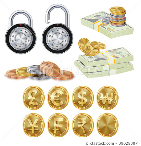 Finance Secure Concept Vector. Gold Metal Coins Finance Secure Concept Vector. Gold Metal Coins 39029397