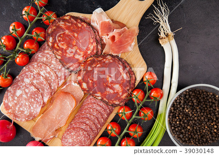 Top view on different types of sliced ham Top view on different types of sliced ham 39030148