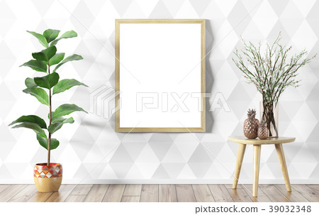 Flower vase and mock up poster interior background Flower vase and mock up poster interior background 39032348