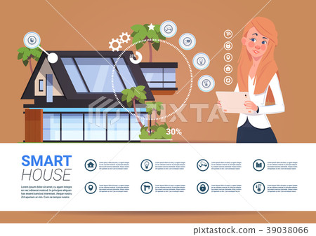 Woman Holding Digital Tablet With Smart Home - Stock Illustration ...