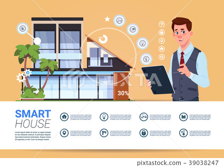 Smart Home Technology Banner With Man Holding Smart Home Technology Banner With Man Holding 39038247