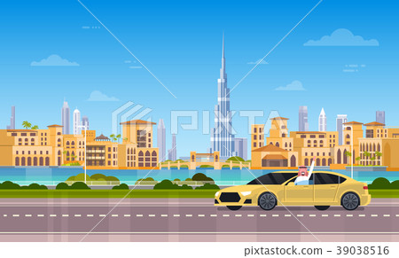 Yellow Taxi Car On Road Over Dubai City Background Yellow Taxi Car On Road Over Dubai City Background 39038516