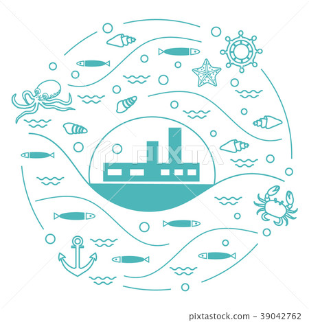 ship, octopus, fish, anchor, helm, waves, ship, octopus, fish, anchor, helm, waves, 39042762