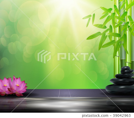 Bamboo, flowers, stone background on the big stone Bamboo, flowers, stone background on the big stone 39042963