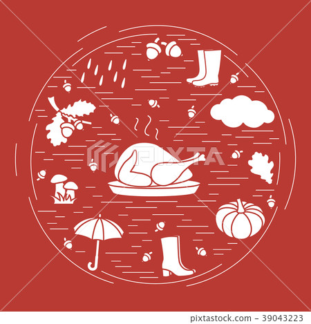 Autumn symbols in circle Umbrella, acorns, turkey, Autumn symbols in circle Umbrella, acorns, turkey, 39043223