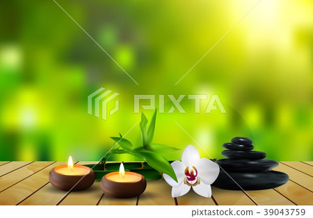Stone, flower, wax and leaf on the table backgroun Stone, flower, wax and leaf on the table backgroun 39043759
