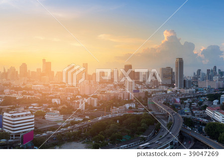 Sunset over highway interchanged Sunset over highway interchanged 39047269