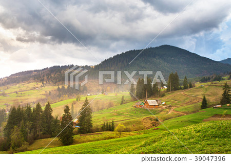 Green spring alpine scene.Mountain village on hill 39047396