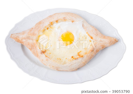 Georgian khachapuri pie with egg and cheese. Georgian khachapuri pie with egg and cheese. 39053790