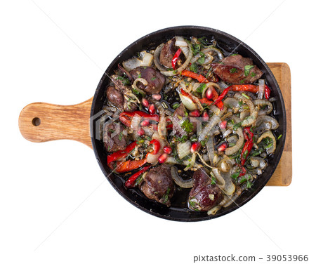 Fried chicken livers with onions. Fried chicken livers with onions. 39053966