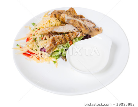 Delicious salad with cheese and chicken fillet. 39053992