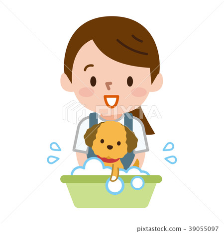 Woman washing a dog Woman washing a dog 39055097