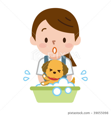 Woman washing a dog Woman washing a dog 39055098