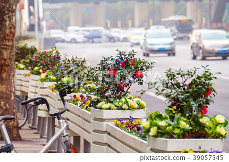 wooden flower beds along the road on which cars 39057545