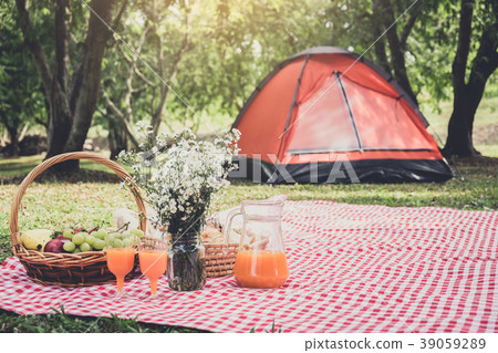 Healthy food and accessories outdoor summer or spring picnic, Pi 39059289
