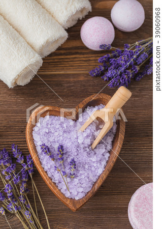 Bath Herbs Salt with Lavender, beige towels, SPA  39060968