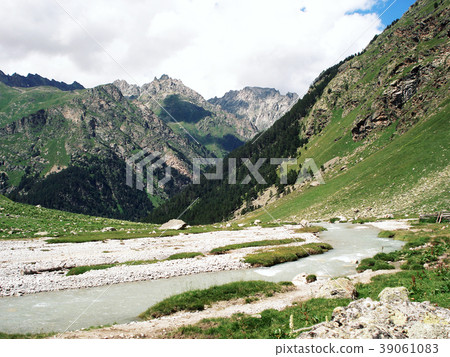 Small river flows from the rocky mountains. Summer 39061083