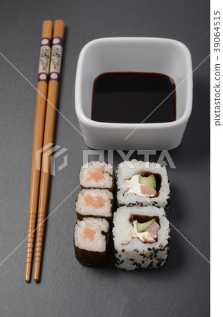 sushi rolls with soy and chopsticks sushi rolls with soy and chopsticks 39064515