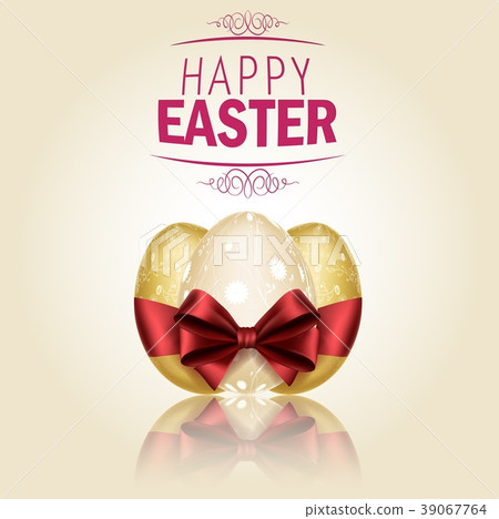 Three Golden Easter eggs with ribbons on brown bac Three Golden Easter eggs with ribbons on brown bac 39067764