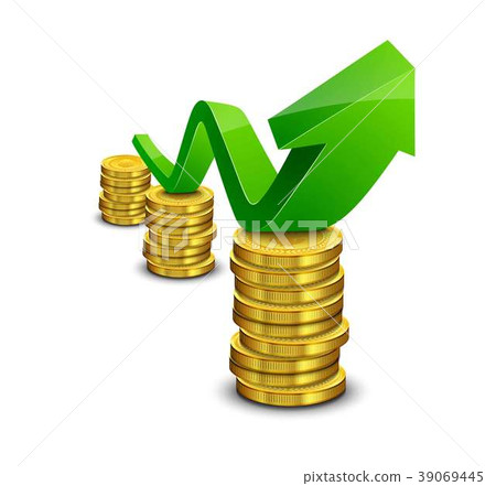 Pile of coin with green rising graph with upward a Pile of coin with green rising graph with upward a 39069445
