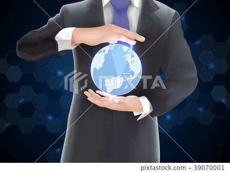 Hands holding earth of background on blue and blac 39070001
