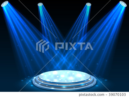 Blue spotlights with white podium on dark backgrou 39070103