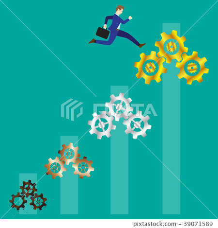 Businessman Jumping To Gold Cogwheels Businessman Jumping To Gold Cogwheels 39071589