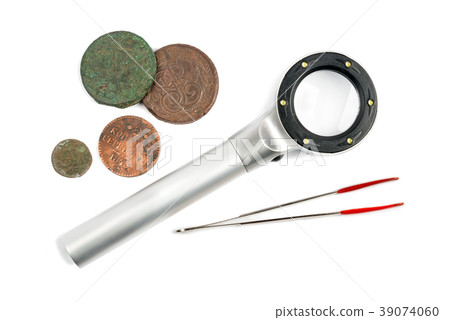 Old russian coins, magnifier, money tweezers isola Old russian coins, magnifier, money tweezers isola 39074060