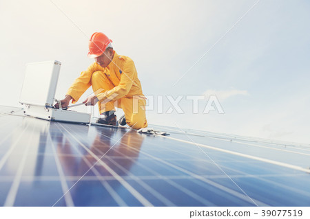 engineer and technician checking efficiency  39077519