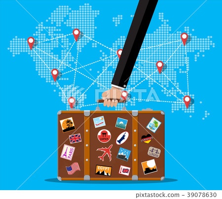 Travel suitcase with stickers and world map 39078630