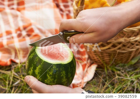 Cut watermelon. Arms. Picnic. Glade. Blanket Cut watermelon. Arms. Picnic. Glade. Blanket 39082559