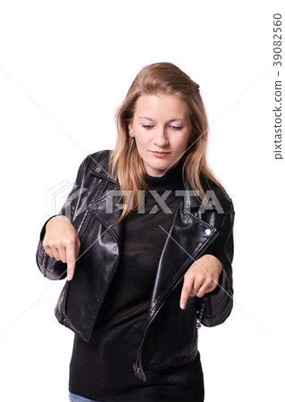 Direction indication. Young girl. Black clothe Direction indication. Young girl. Black clothe 39082560