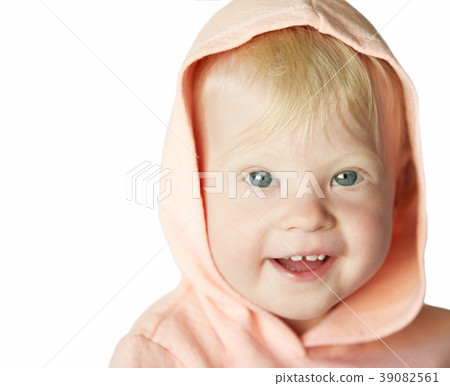 Smiling young blond girl in pink hood (in white) Smiling young blond girl in pink hood (in white) 39082561