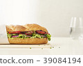 close up of fresh sandwich on plate of wood 39084194