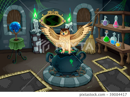 The witch room with owl. Vector illustration-插圖素材[39084417