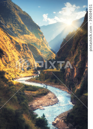 Colorful landscape with mountains, river at sunset Colorful landscape with mountains, river at sunset 39084931