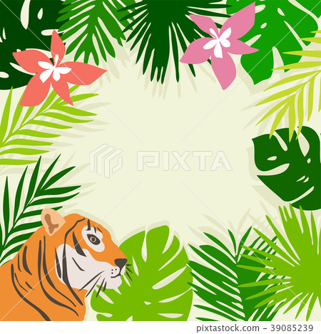 vector tropical leaves, flowers and tiger vector tropical leaves, flowers and tiger 39085239
